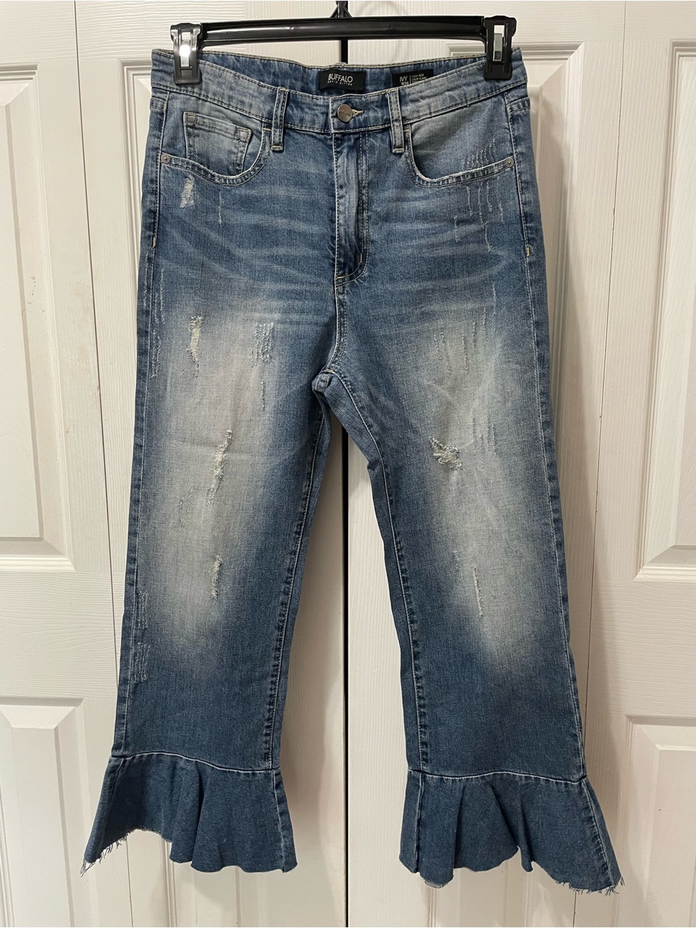 Buffalo David Bitton Cropped Flair Distressed Light Blue Ruffle-Hem Jeans
